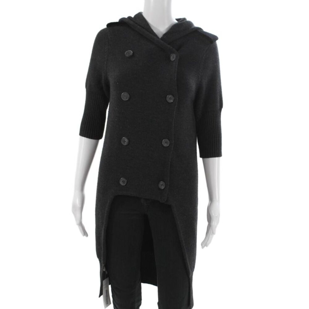 Vera Wang Women Cardigan Sweater Hooded Merino Wool Gray 3/4 Sleeve Size M